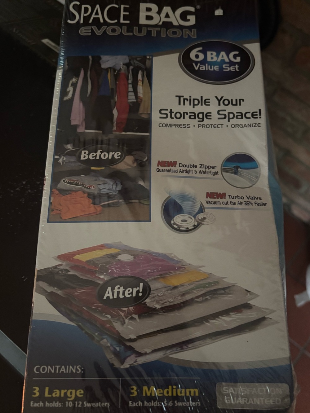 Space Bag Evolution vacuum storage bags. 6 piece value set 3 large 3 medium NIB